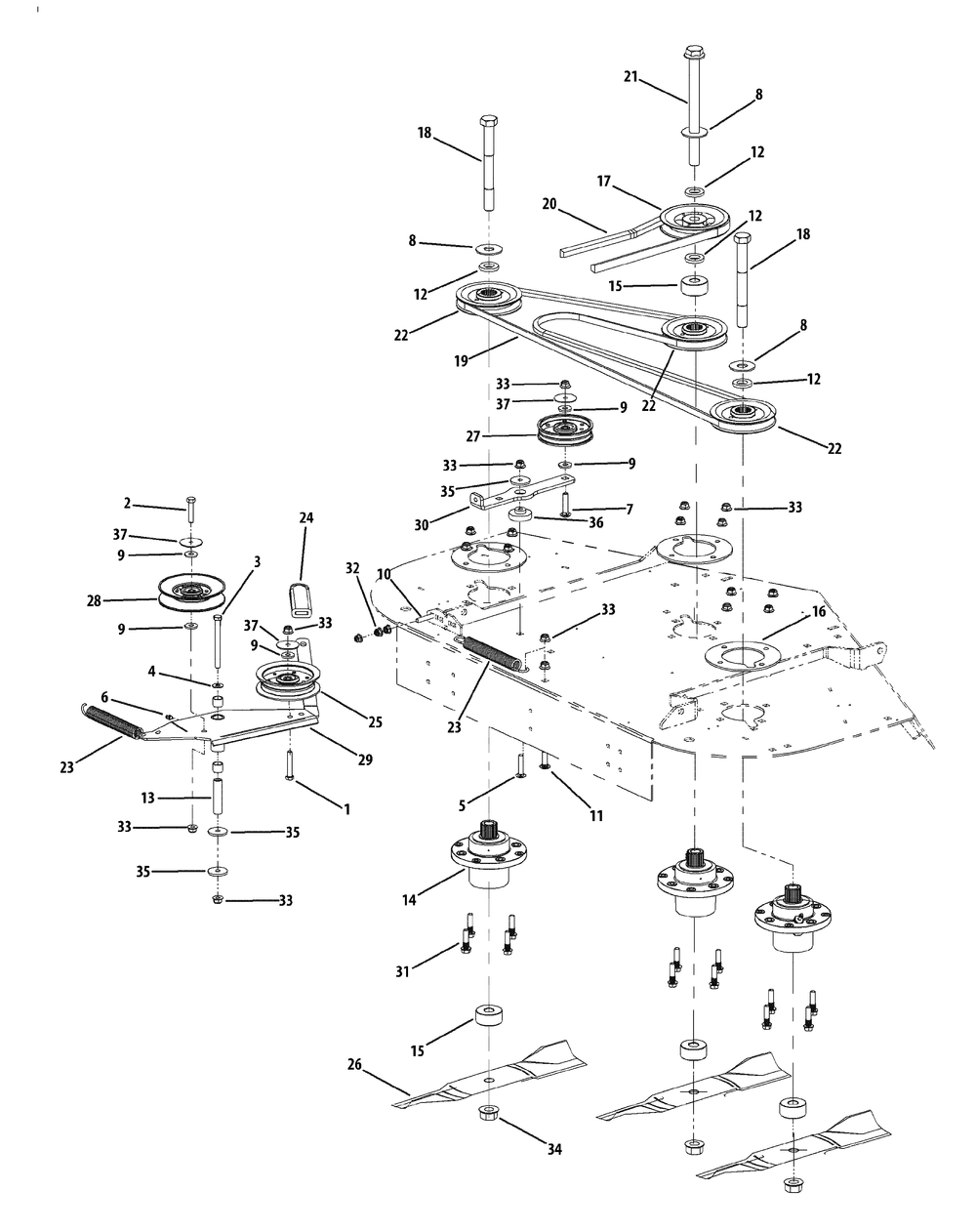 Fabricated Deck Spindle Assembly 48-Inch Diagram and Parts List for M48-KW (53AI8CT2050-23HP)(2010) Cub Cadet Lawn Tractor